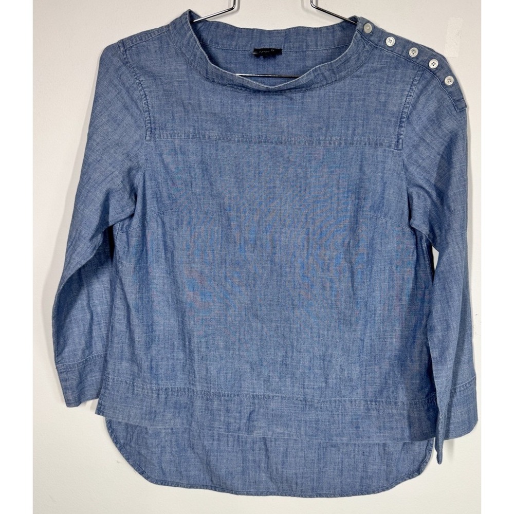 J Crew Blue Chambray Funnel Neck Pullover Long Sleeve High-Low Hem Sz 4 Beachy